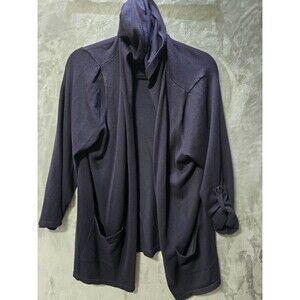 Isela Open Sweater Hooded Cardigan Womens 1x Navy Blue Pockets Roll Tab Sleeve
